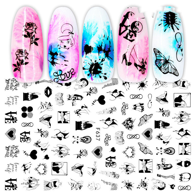 3D Nail Stickers – Black & White Rose Heart Ink Nail Decals